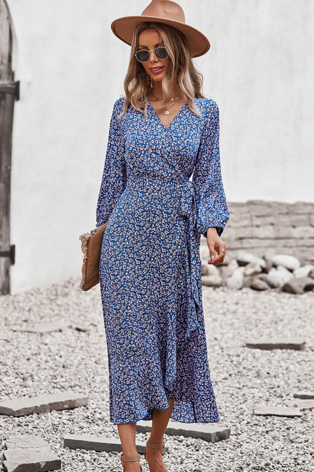 Floral Surplice Neck Long Sleeve Dress