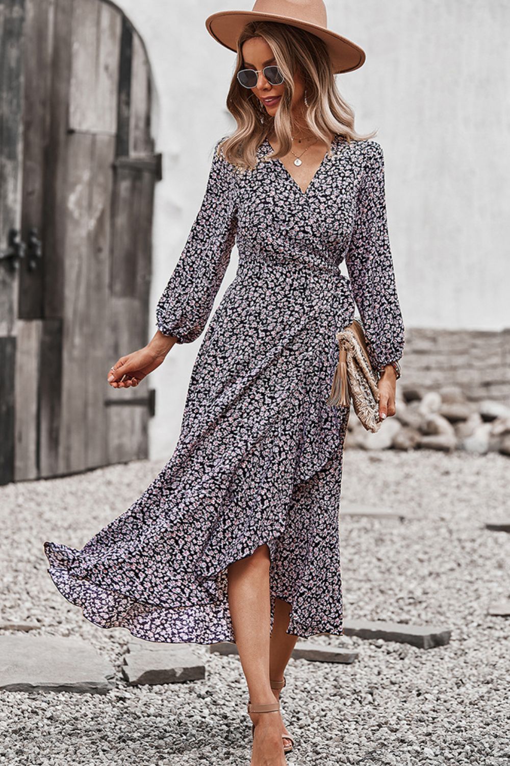 Floral Surplice Neck Long Sleeve Dress